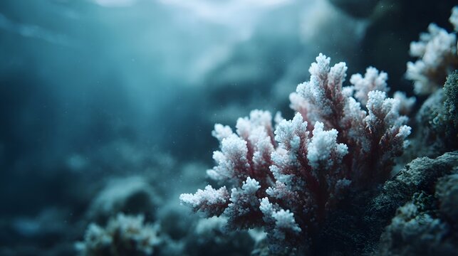 Close up of delicate branching coral with white tips highlighting the fragility of underwater ecosystems