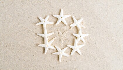 Nine white starfish form a perfect ring around one beige center on soft sand.