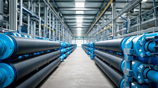 Industrial water treatment facility membrane filter blue pipe pipe rack filtration system water purification treatment facility industrial plant