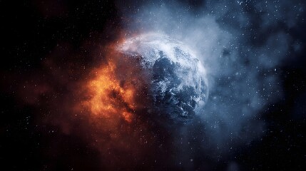 Fototapeta premium A celestial sphere dramatically split between intense fire and freezing ice set against a dark star filled cosmic background