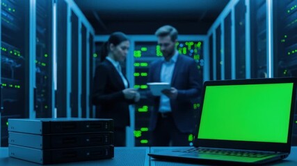 Data center team analyzes server performance, with green screen laptop for monitoring - Powered by Adobe