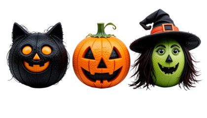 Halloween Character Pumpkins PNG – Transparent Background Black Cat, Jack-o'-Lantern & Witch Designs with Painted Faces & Accessories