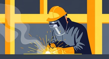 A focused artisan welder in a workshop skillfully welding metal, sparks fly from the metal. 