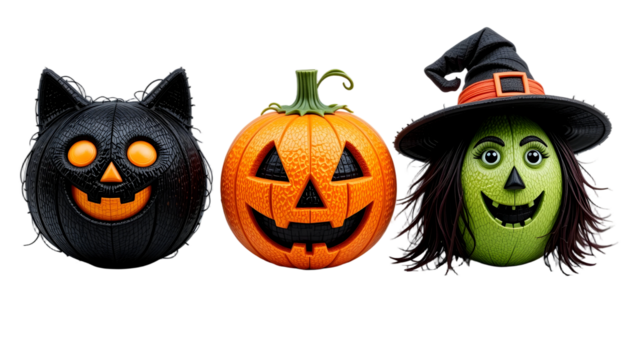 Halloween Character Pumpkins PNG – Transparent Background Black Cat, Jack-o'-Lantern & Witch Designs with Painted Faces & Accessories