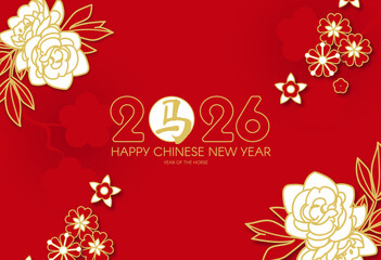 Happy 2026 Chinese New Year, Year of the Horse! Lunar calendar holiday paper cut design with flowers. 