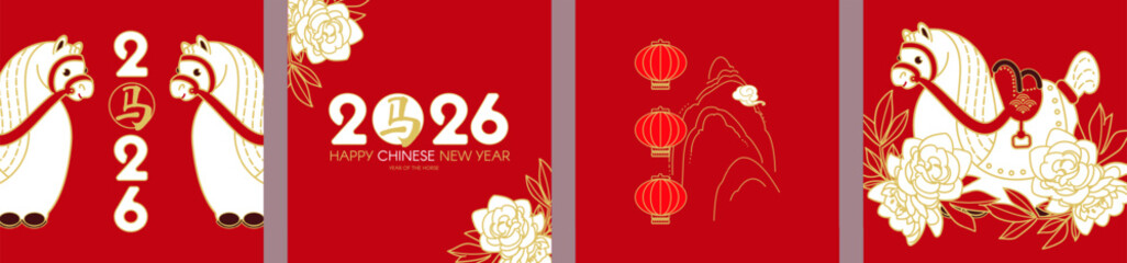 Happy 2026 Chinese New Year, Year of the Horse! Lunar calendar holiday paper cut set design with cute horse, flowers and clouds. Chinese text means "Horse"