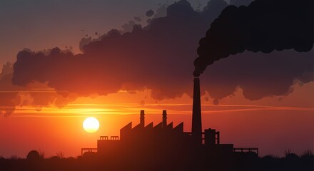 The stark silhouette of an industrial complex against a vibrant sunset sky, with a plume of smoke rising, conveys a sense of environmental concerns, highlighting industrial impact.
