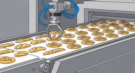 An automated food production line meticulously crafts golden baked goods, highlighting precision and efficiency. Industrial machinery handles the manufacturing process.