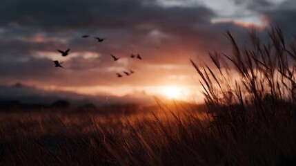 Obraz premium A flock of silhouetted birds soars against a vibrant sunset over a golden grassy field with distant mountains