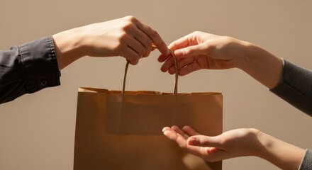 Checkout retail process featuring hands exchanging brown paper bag. Checkout retail scene involves transfer, highlighting customer service and commercial exchange.