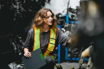 Female technician checking used car engine block sale order at scrapyard warehouse recycle area...
