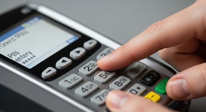 Hand entering pin code on credit card reader for checkout retail. Entering pin code on payment terminal allows secure transactions.