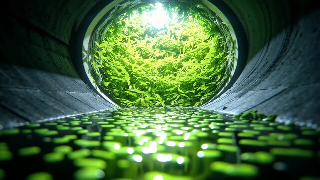 Lush green leaves glowing tunnel entrance with reflective wet floor and moody light green aquatic foliage glowing tunnel exit with wet concrete