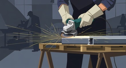 A craftsman's skilled hands guide a grinding tool, creating sparks as he works diligently on a metal workpiece in an industrial setting.