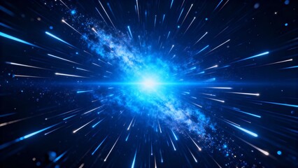 A vibrant cosmic scene featuring a bright blue starburst at the center, surrounded by streaks of light and scattered particles, evoking a sense of motion through space.