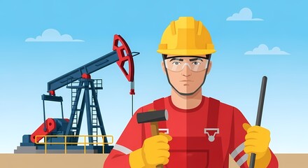 A determined oil rig worker, equipped with tools, stands with unwavering resolve, beside the iconic oil derrick against a dynamic, blue, partly cloudy sky, depicting a critical piece of industry,