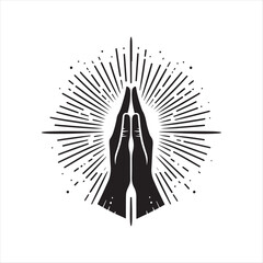 Hands in prayer with light rays vector silhouette sketch art logo illustration