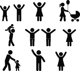 Family stick figure silhouettes showing parents, children, baby stroller, and playful activities, simple black icons for family love, parenting, and childcare design