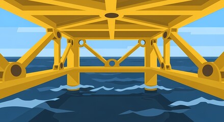 The robust yellow structure of an offshore platform stands steadfast above the ocean, providing a unique perspective on engineering and maritime infrastructure.
