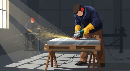 Two dedicated craftspeople are focused on their work in a sunlit workshop, using professional tools on a sturdy surface, evoking an environment of skill and industry.