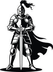 Obraz premium A medieval knight in full armor standing proudly holding a sword silhouette