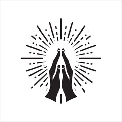 Hands in prayer with light rays vector silhouette sketch art logo illustration