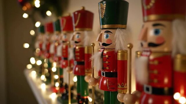 Row of Festive Christmas Nutcrackers with Warm Holiday Lights &ndash; Traditional Holiday Decor Video