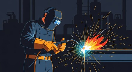 A skilled welder focuses intently on the sparks, crafting a robust and intricate metal structure, embodying the essence of industry and craftsmanship. 