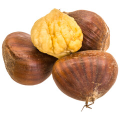 A pile of fresh chestnuts and hazelnuts against a transparent background.
