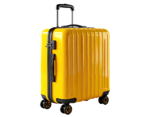 Bright yellow hard shell rolling suitcase with spinner wheels and retractable handle.