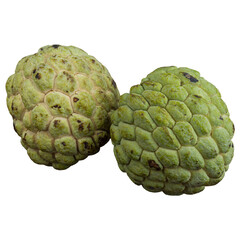 Two ripe custard apples against a transparent background. 