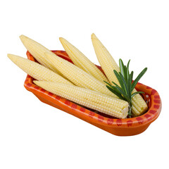 Fresh baby corn and rosemary in an orange dish. 