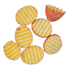 Crispy ridged potato chips and a single tomato wedge. 