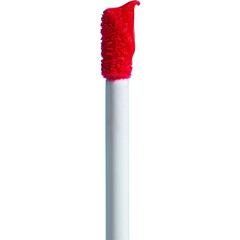 Close up of a red lipstick applicator on a transparent background. 