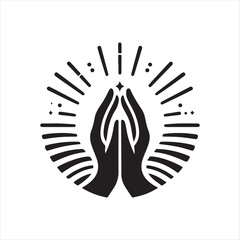 Hands in prayer with light rays vector silhouette sketch art logo illustration