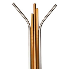 Collection of metal drinking straws against a transparent background. 