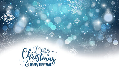 Christmas greeting card on abstract snow background. Happy New Year.
