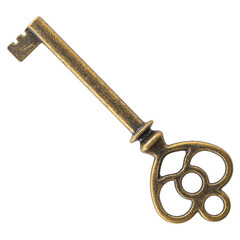 Antique ornate brass skeleton key on transparent background. 