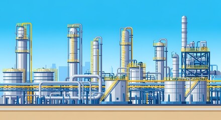 Industrial Complex Illustration Depicting Petrochemical Processing and Infrastructure