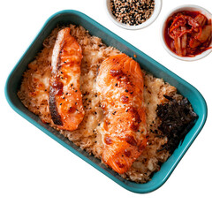 Delicious baked salmon with grains and kimchi side dishes. 
