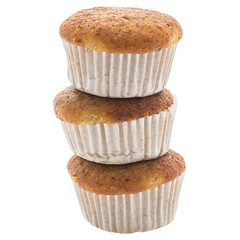 Stack of three delicious golden brown muffins in white liners. 