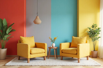 colorful modern interior with two armchair in a colorful color background wall, living room in modern style with low table and decor. colorful background. 3d rendering