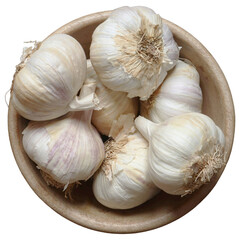 Fresh garlic bulbs in a wooden bowl overhead view. 
