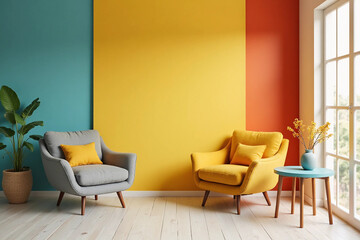 colorful modern interior with two armchair in a colorful color background wall, living room in modern style with low table and decor. colorful background. 3d rendering