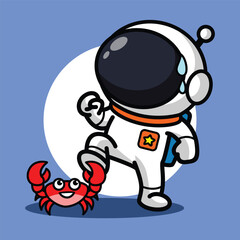 Cute Astronaut Playing with Crab Illustration for Space Cartoon Character and Ocean Beach Concept
