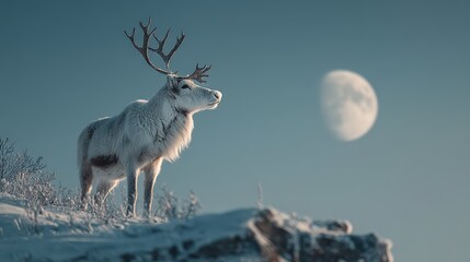 Obraz premium Majestic Reindeer in Winter Landscape | Snowy Scene | Moon