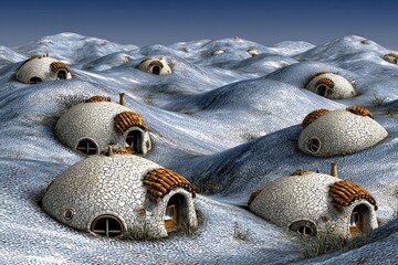 Domes embedded in snowy hills create unique village landscape under blue sky