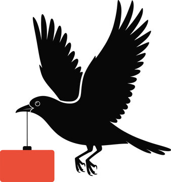 Black bird in flight carrying a red sign with the word flad in its beak silhouette