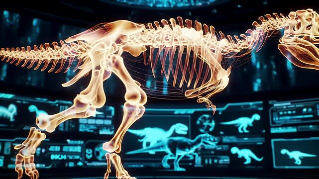 Transparent Orange Tyrannosaurus Rex Skeleton on Blue Screen Display