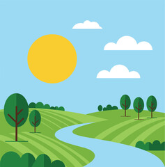 Obraz premium Flat design serene landscape with winding river sun and clouds nature scene isolated on transparent background